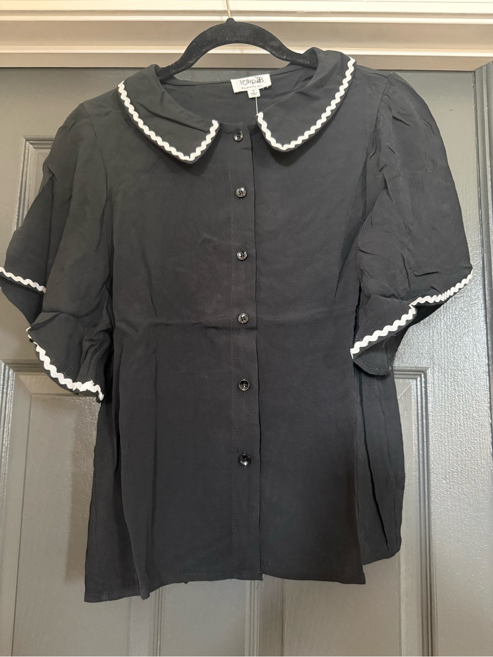 New Tulip B Black Button-Front Blouse with White Trim